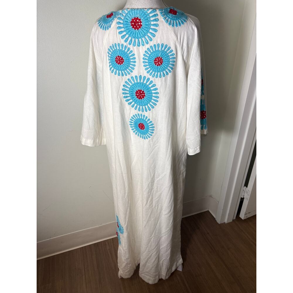 Frances Valentine White Teal and Red Linen Half Sleeve Maxi Dress Sz XL - Picture 4 of 5